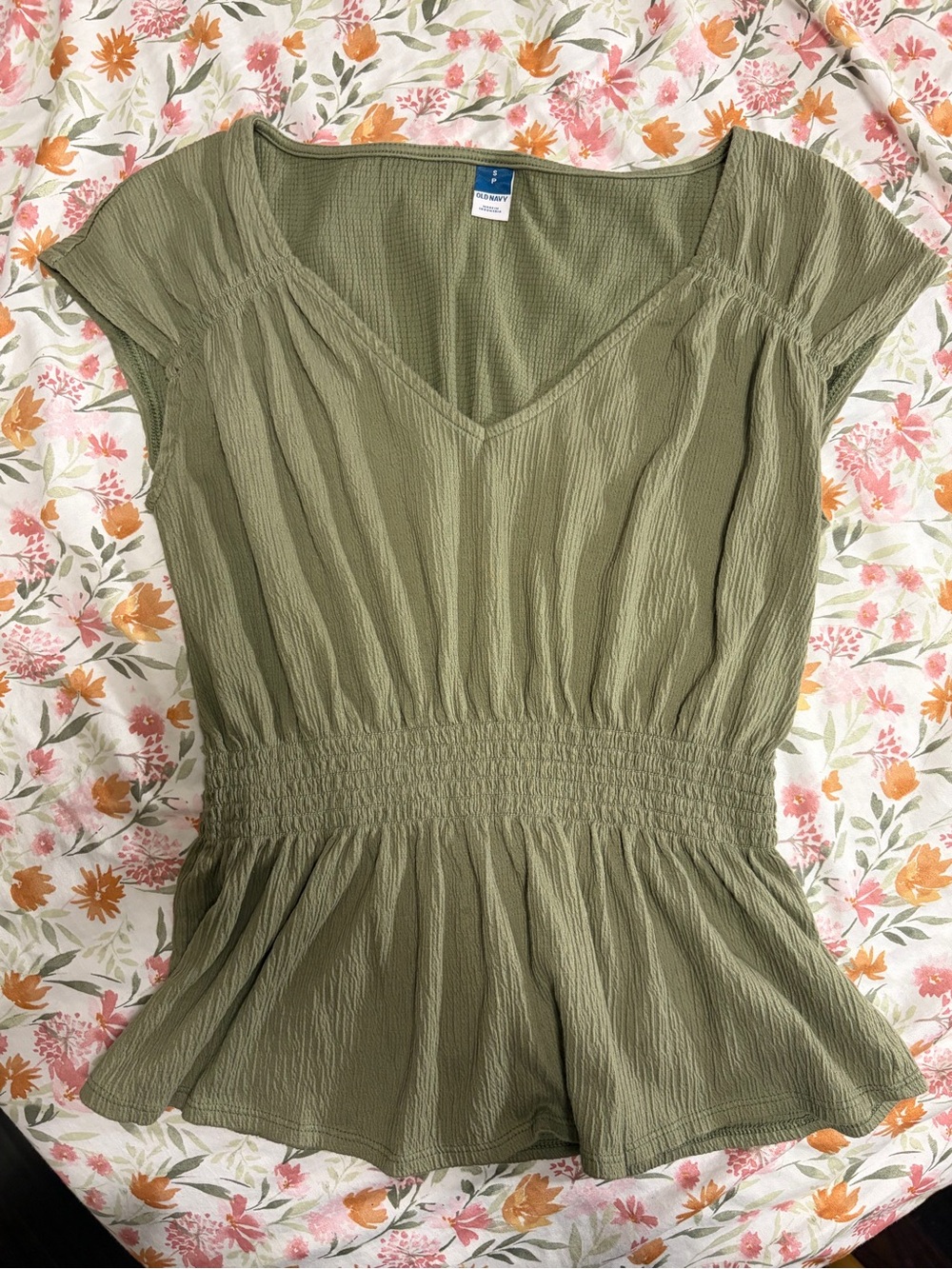 Smocked Waist Olive V-Neck Tunic Top - Women